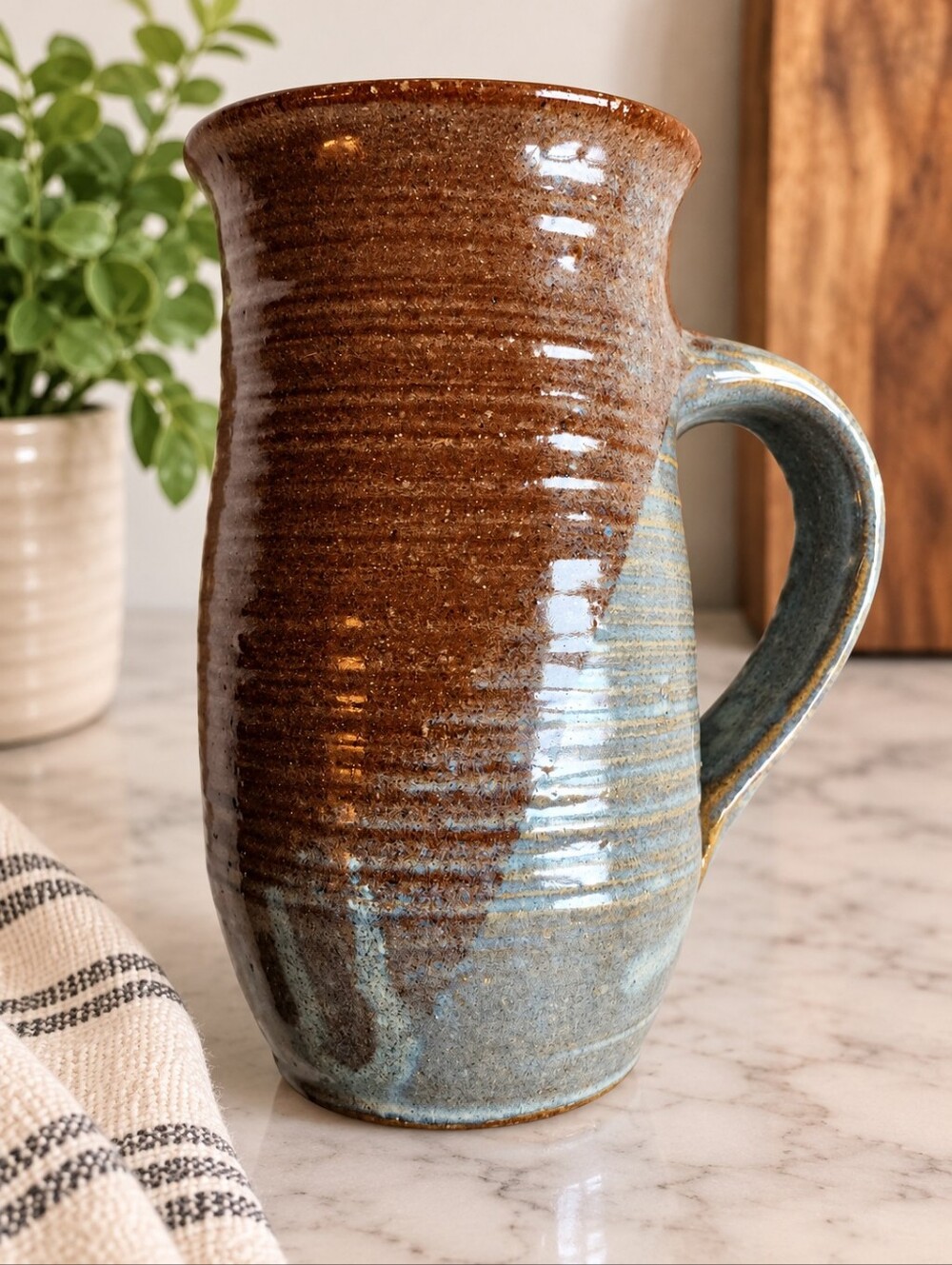 Hand Thrown Pottery Mug - Signed by Artist Potvin - 7" Tall XL - Grey & Brown